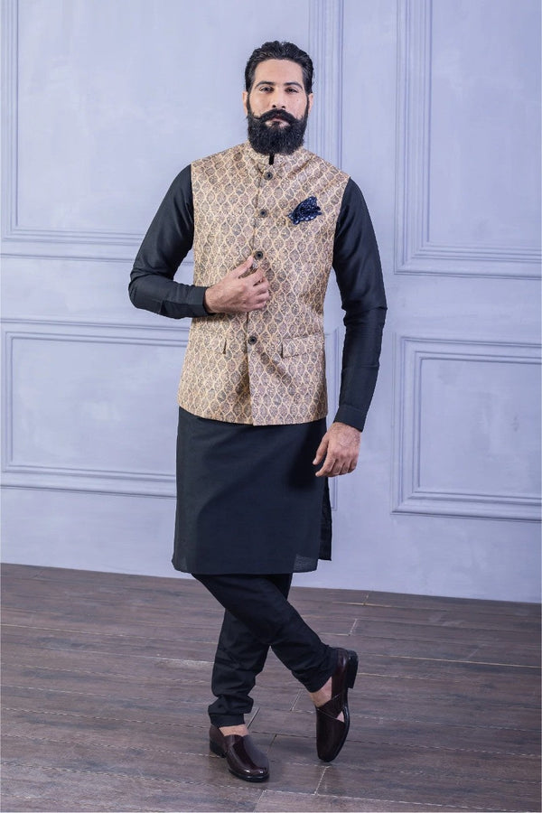 Printed Vest & Solid Black Kurta