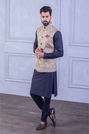 Printed Vest & Solid Dark Blue Kurta