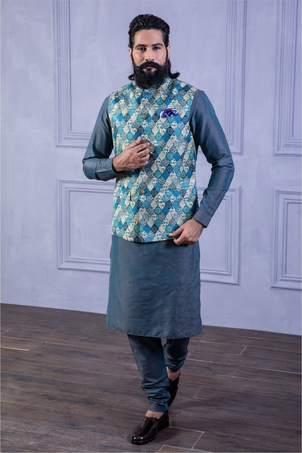 Teal Blue Printed Folk Vest & Solid Kurta Set