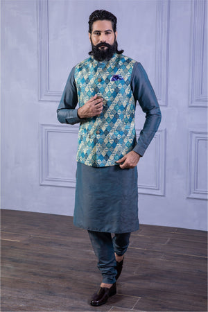 Teal Blue Printed Folk Vest & Solid Kurta Set
