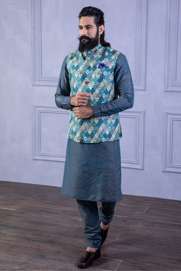 Teal Blue Printed Folk Vest & Solid Kurta Set
