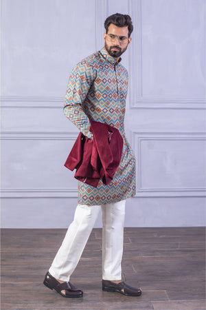 Velvet Vest & Printed Red Kurta