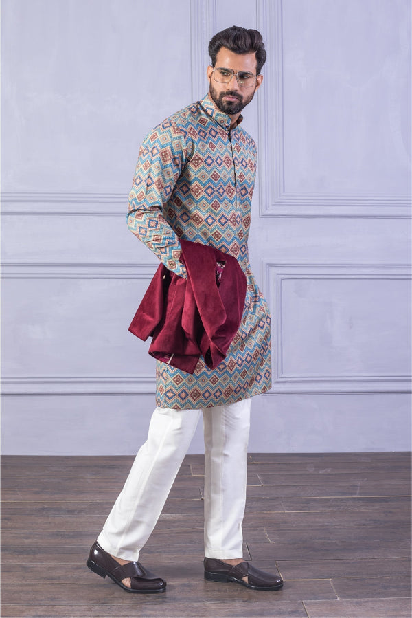 Velvet Vest & Printed Red Kurta