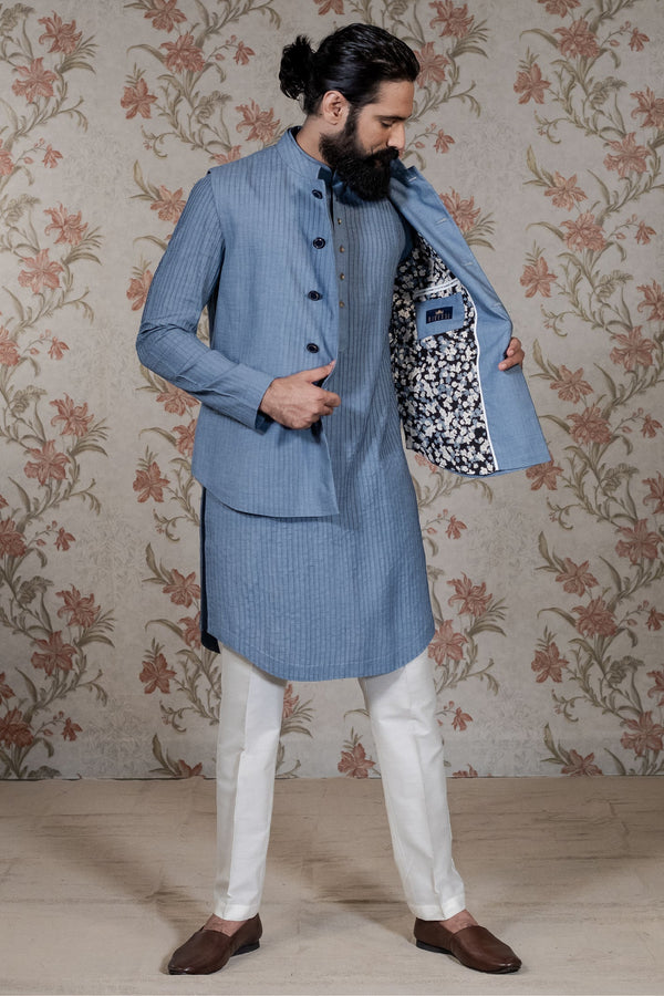 Pintuck Kurta & Blue Vest Set