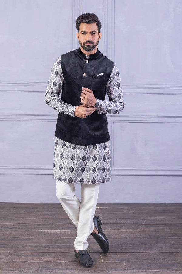Velvet Vest & Black Printed Kurta