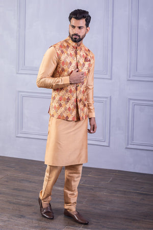 Printed Vest & Solid Beige Kurta