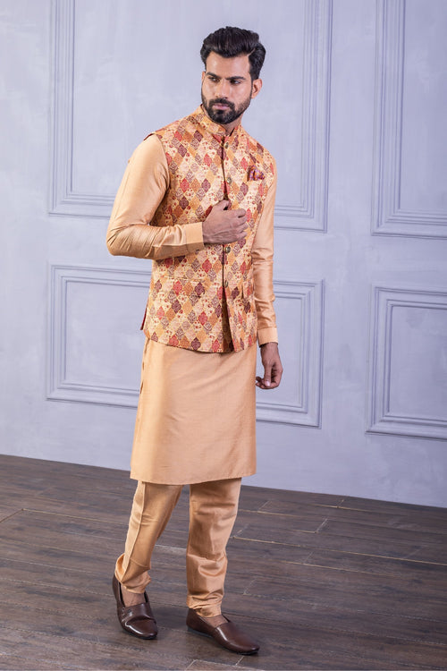 Printed Vest & Solid Beige Kurta
