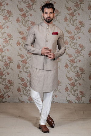 Pintuck Kurta & Beige Vest Set
