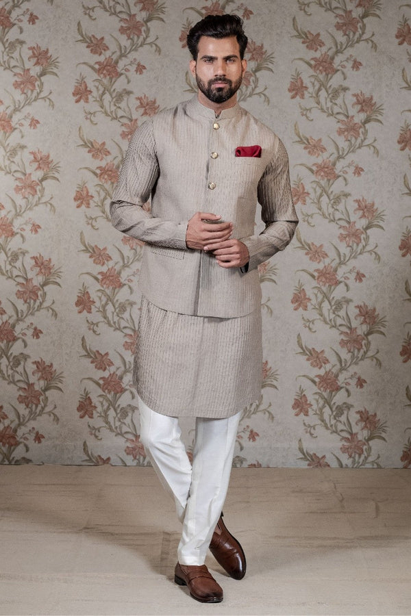 Pintuck Kurta & Beige Vest Set