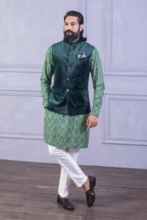 Velvet Vest & Printed Green Kurta