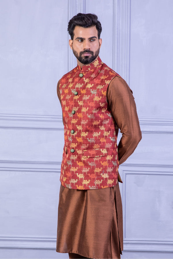 Printed Vest & Solid Red Kurta