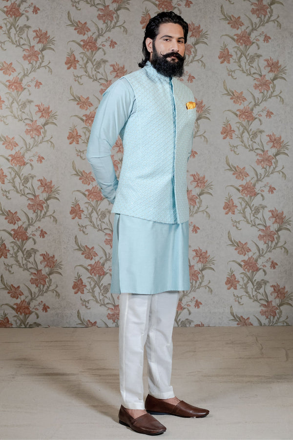 Embroidered Vest & Plain Blue Kurta Set