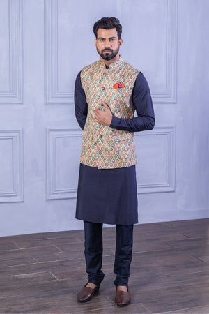 Printed Vest & Solid Dark Blue Kurta