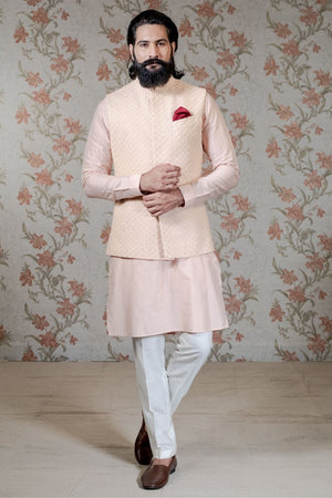 Peach Kurta with Embroidered Silk Waistcoat