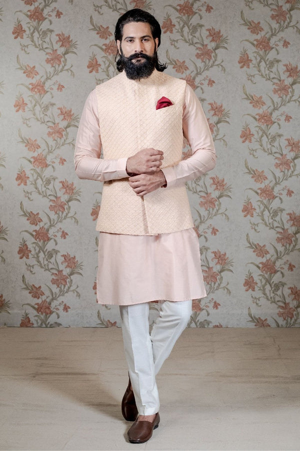 Peach Kurta with Embroidered Silk Waistcoat