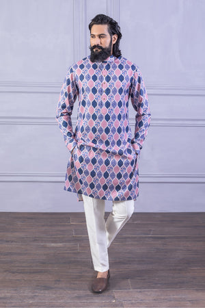 Velvet Vest & Printed Dark Blue Kurta