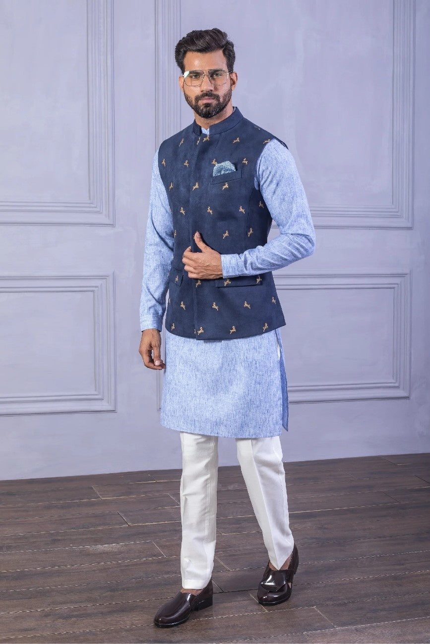 Blue Linen Kurta with Embroidered Suede Waistcoat