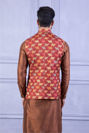 Printed Vest & Solid Red Kurta