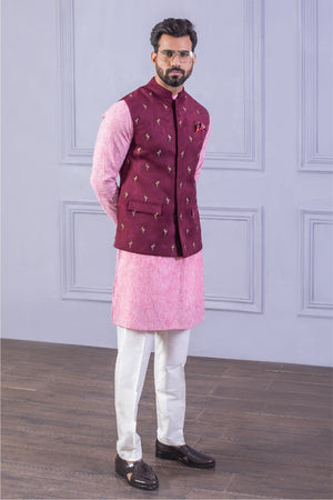 Pink Suede Embroidered Vest Set