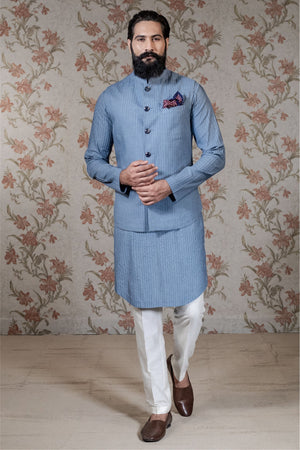Pintuck Kurta & Blue Vest Set