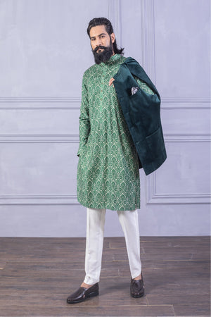 Velvet Vest & Printed Green Kurta