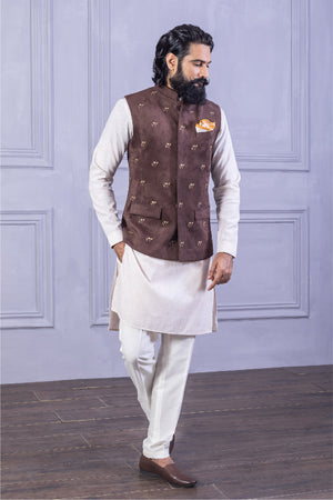 Brown Suede Embroidered Vest Set