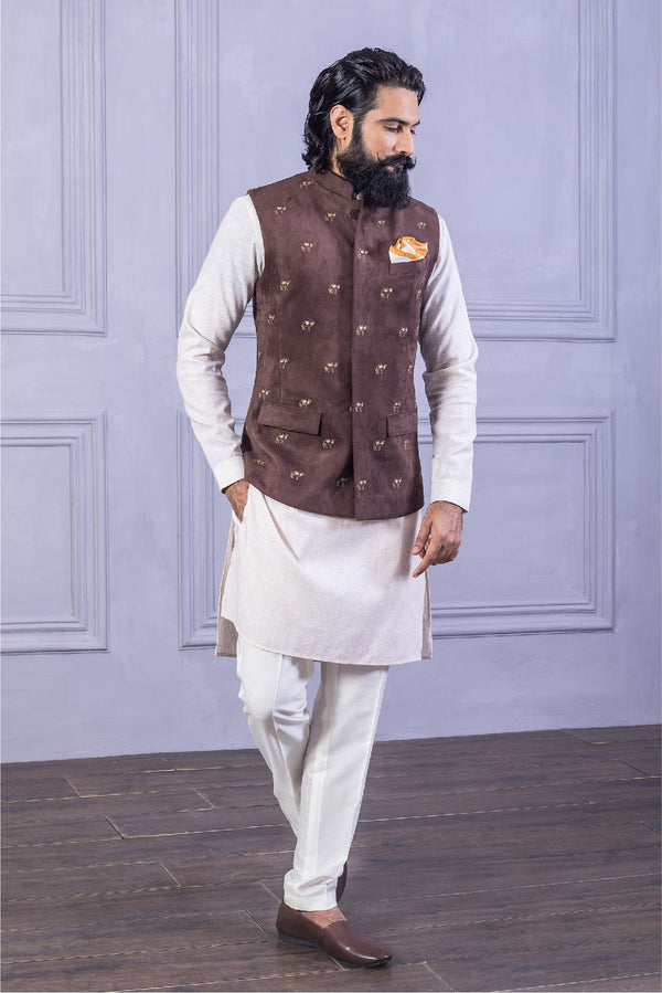 Brown Suede Embroidered Vest Set