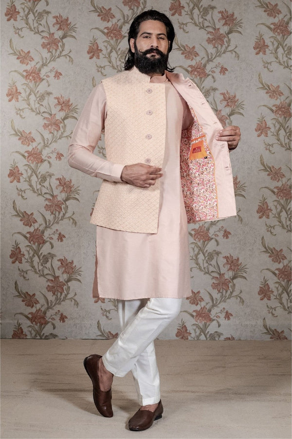 Peach Kurta with Embroidered Silk Waistcoat