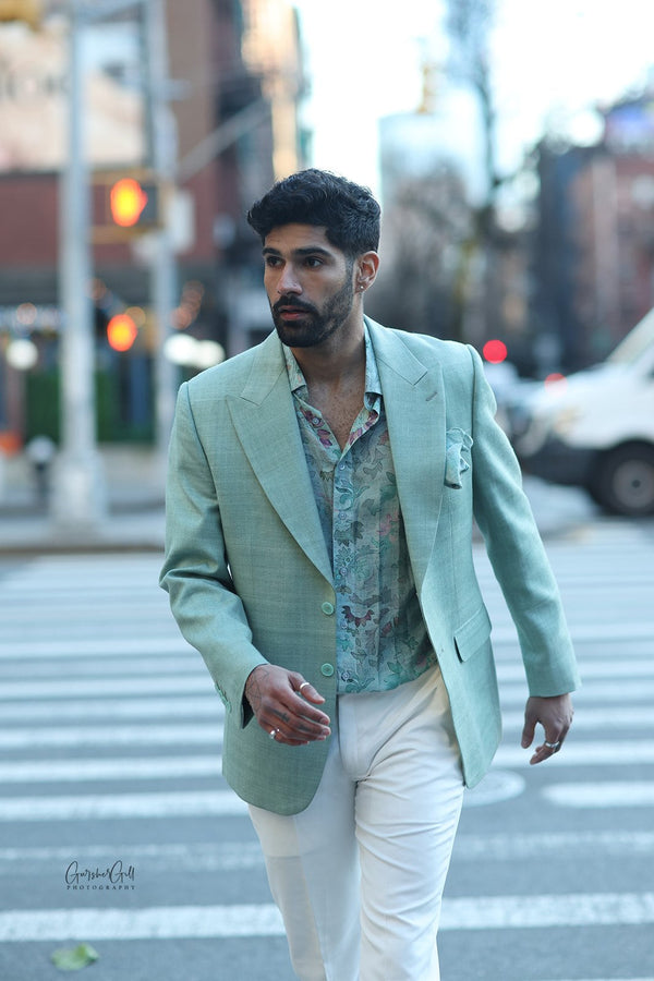 Green Double Matka Silk Jacket & Trousers