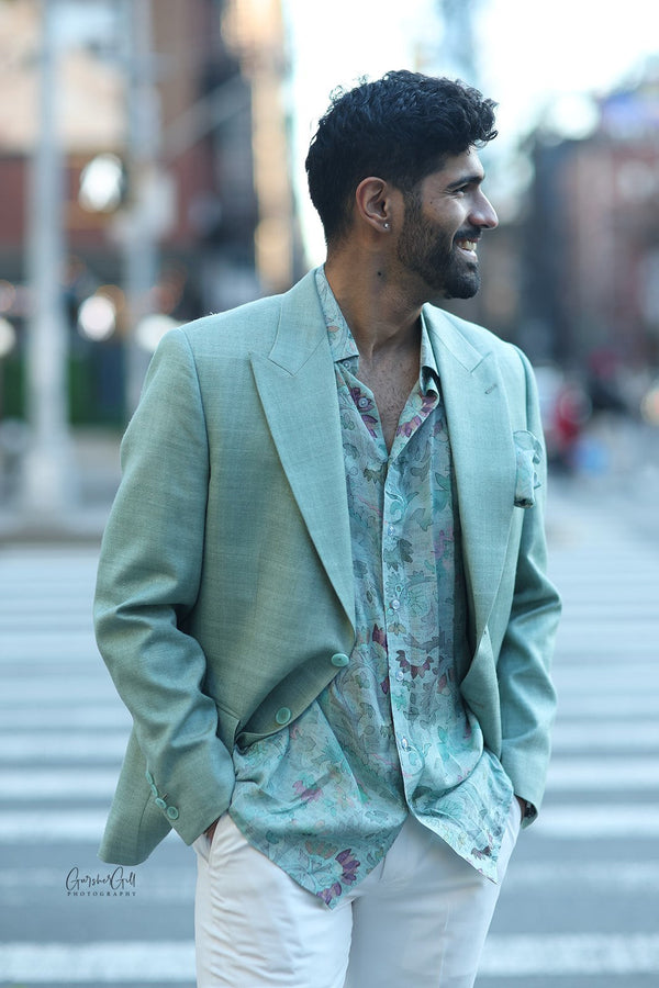 Green Double Matka Silk Jacket & Trousers