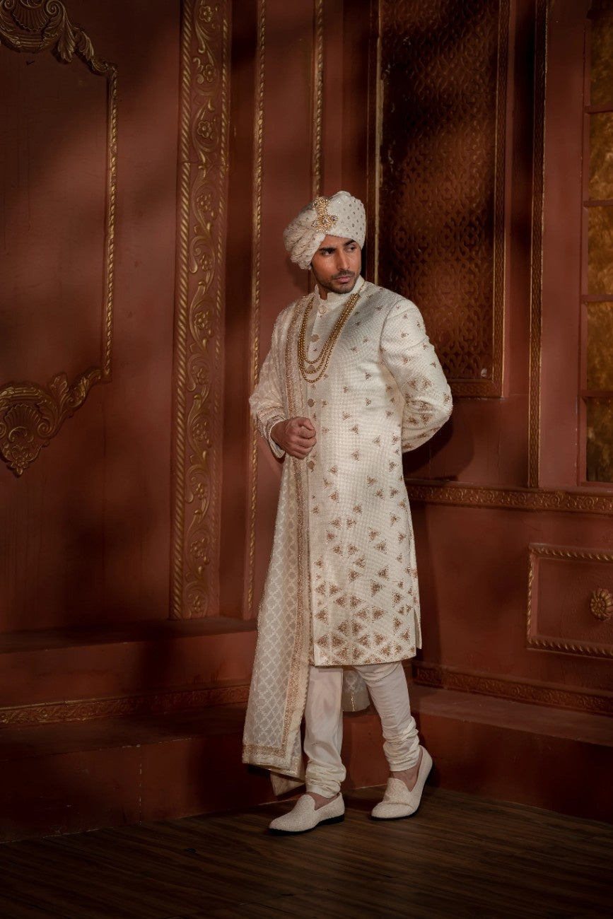Scattered Triangles Ivory & Gold Sherwani