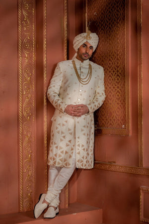 Scattered Triangles Ivory & Gold Sherwani
