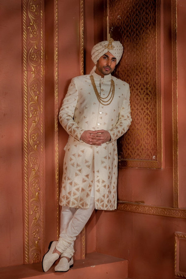 Scattered Triangles Ivory & Gold Sherwani