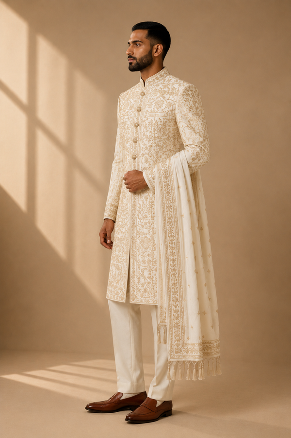 A Maze Sherwani ivory three-quarter view