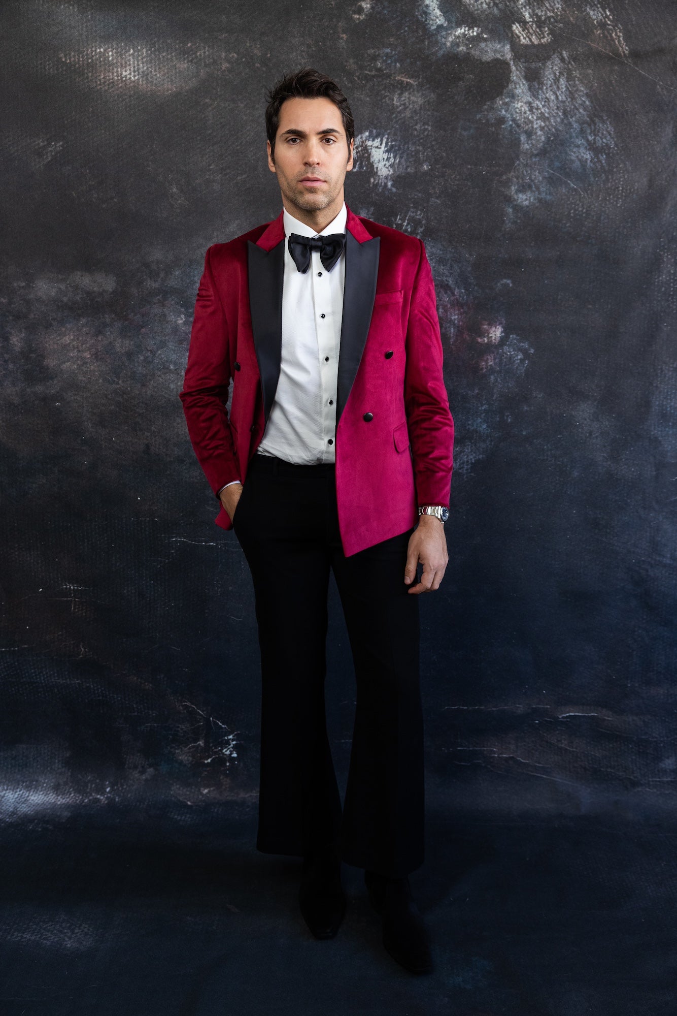 Deep Red Velvet Tuxedo with satin peak lapel and tailored trousers size 32.
