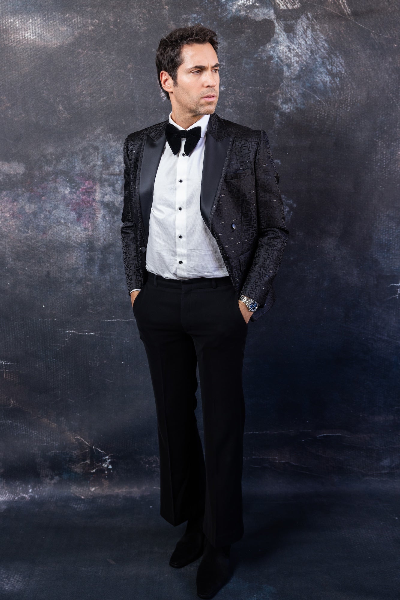 Midnight Maze black textured tuxedo jacket with satin lapels geometric pattern.