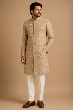 Beige Embroidered Sherwani