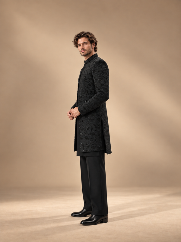 Black Wine Indowestern Set three-quarter view
