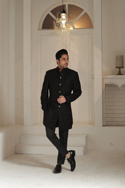 Black Golden Leaf Sherwani