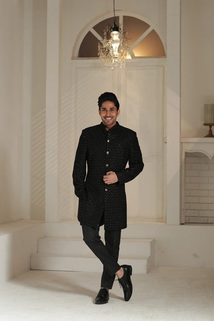 Black Golden Leaf Sherwani