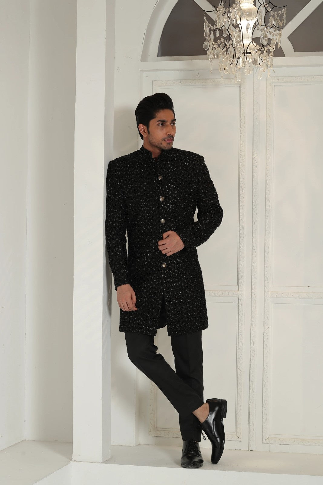 Black Golden Leaf Sherwani