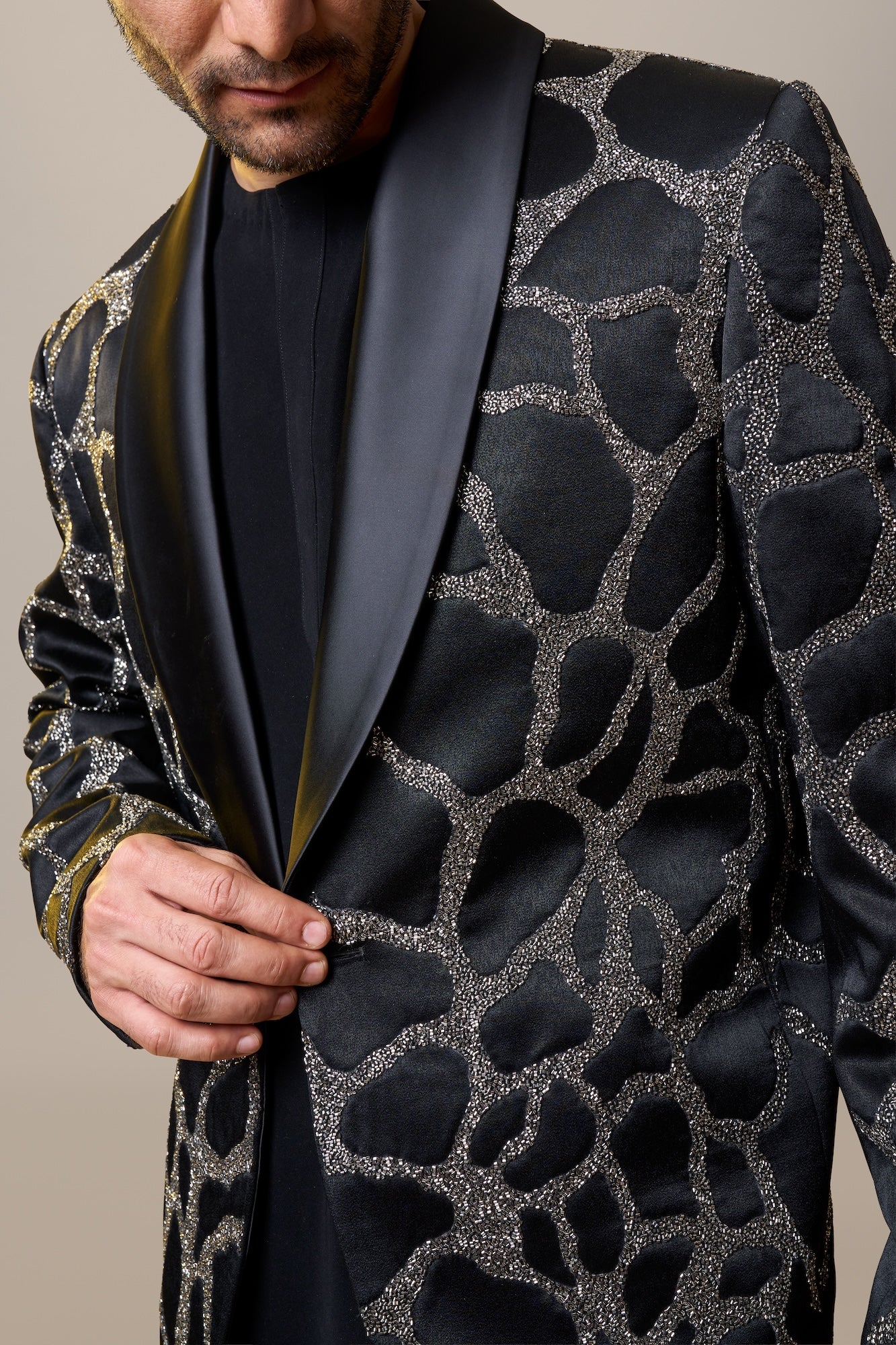 SILVER LINING black and gray patterned tuxedo with a refined statement look.