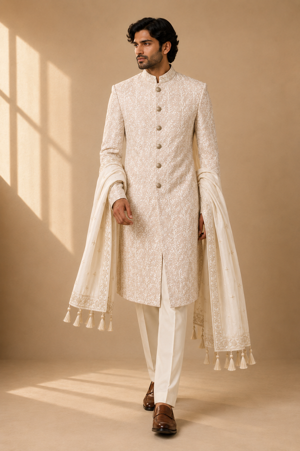Ivory Rose sherwani three-quarter view