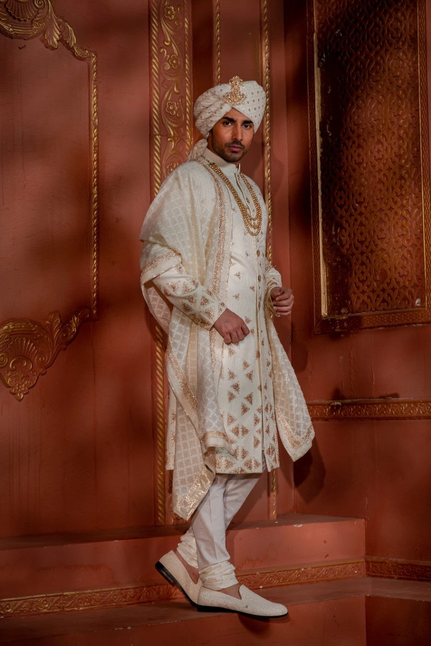 Scattered Triangles Ivory & Gold Sherwani