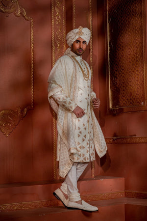 Scattered Triangles Ivory & Gold Sherwani