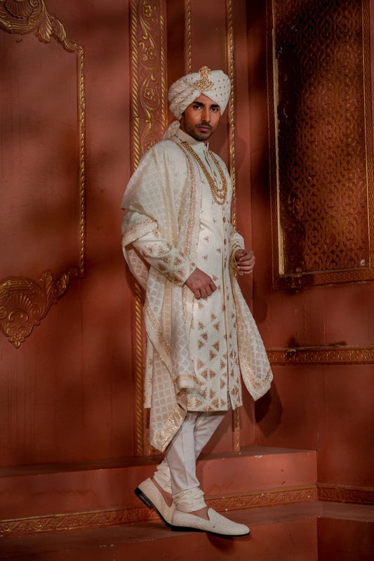 Scattered Triangles Ivory & Gold Sherwani
