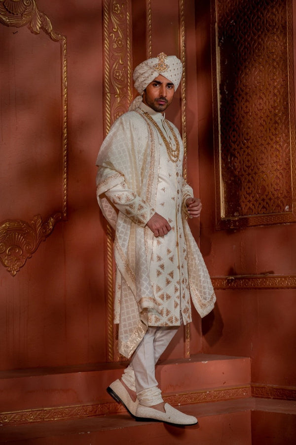 Scattered Triangles Ivory & Gold Sherwani