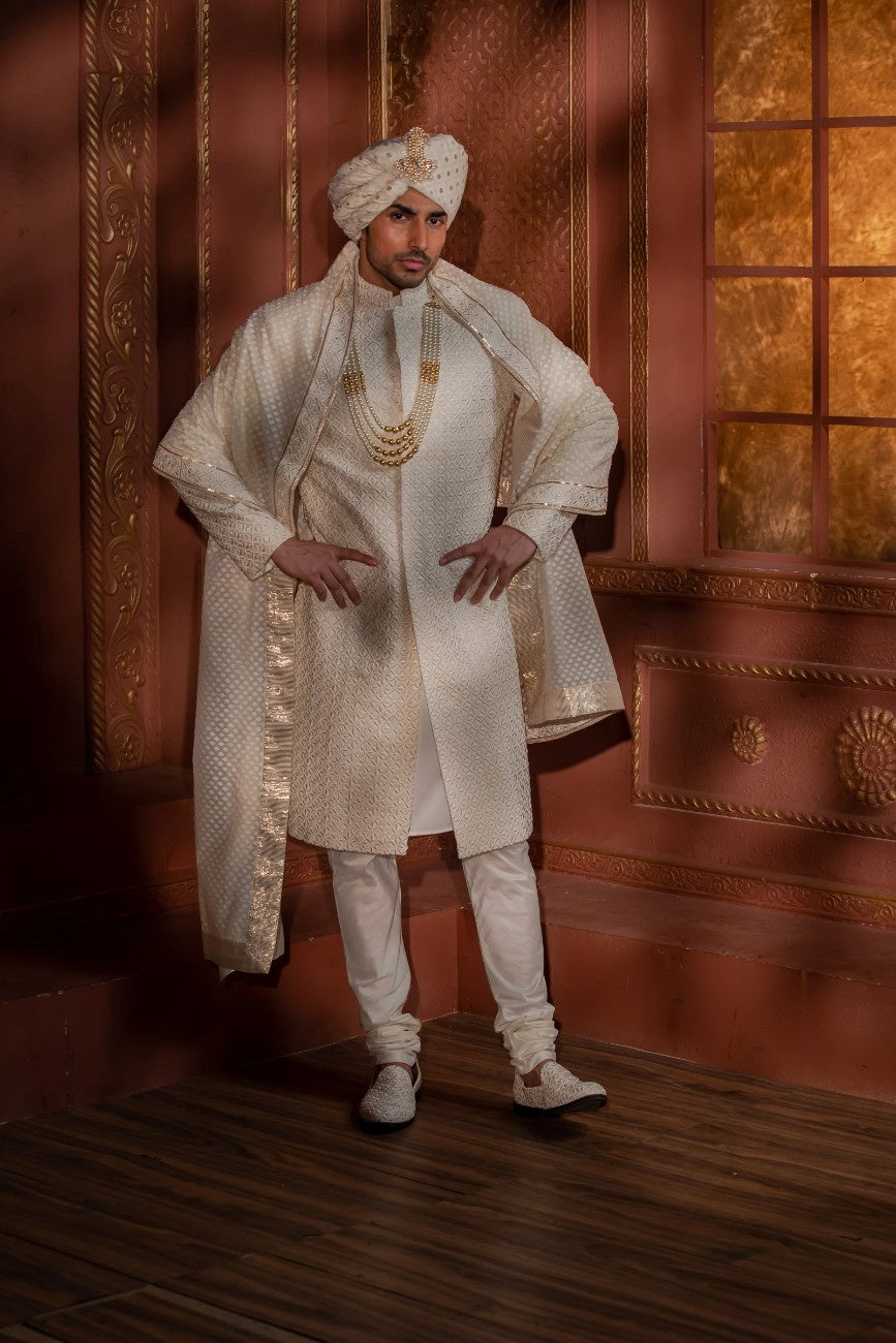 Ivory White Petals Sherwani with Garden Shawl