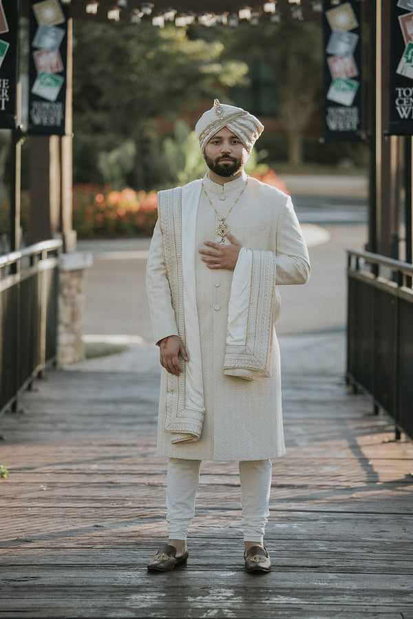 Ivory Zig Zag Sherwani (Zari Embroidery)