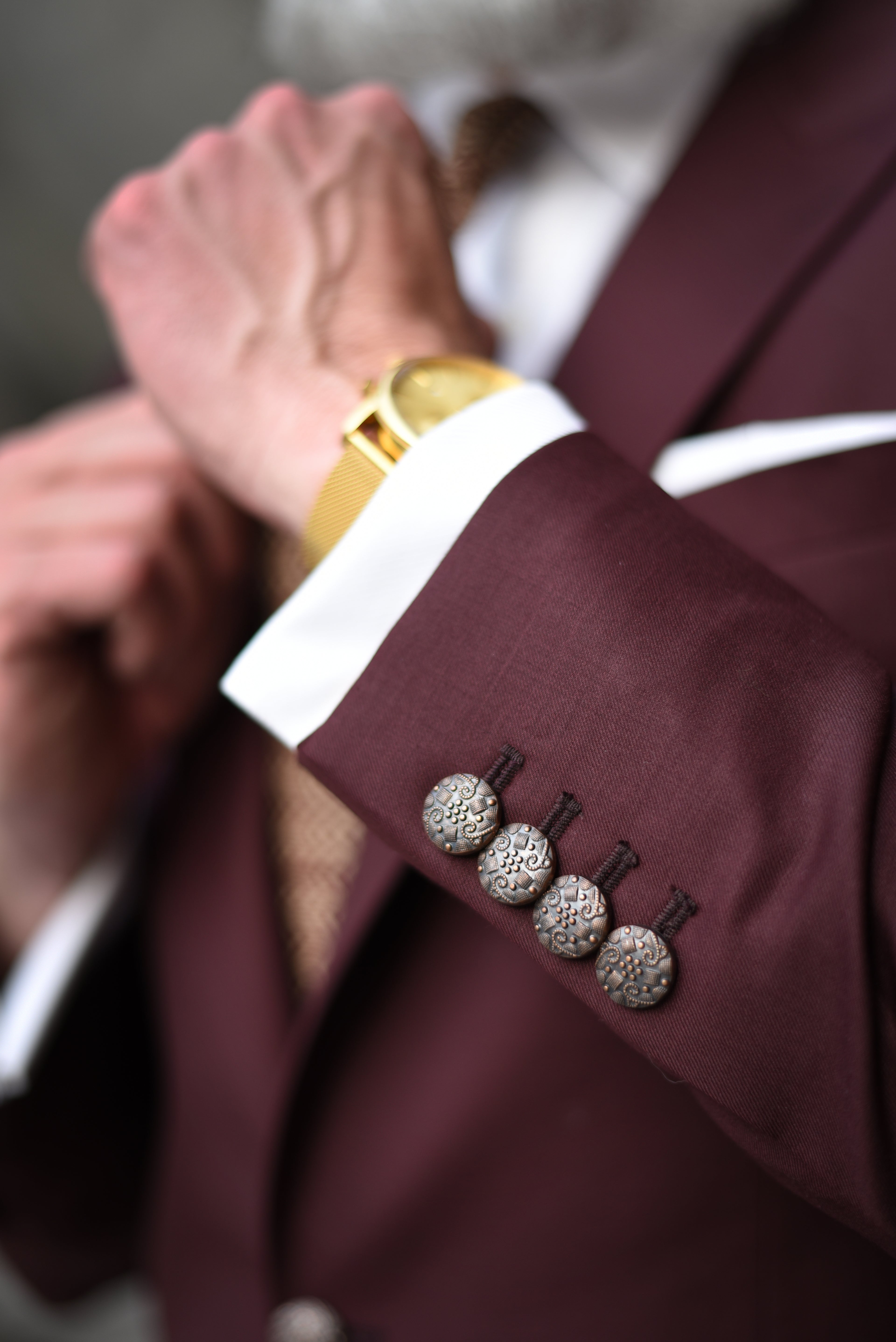 The Berzinsky Suit in deep burgundy, an additional view.
